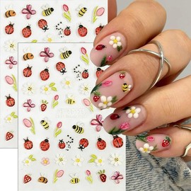 5D Embossed Bee Nail Stickers Cute Daisy Floral Lady Bug Nail Art Stickers Summer Nail Decals 2Pcs DIY Self Adhesive Flower Strawberry Design Nail Decoration for Women Manicure Accessories