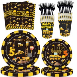 100 Pcs Construction 5th Birthday Party Supplies Dump Truck Theme Five Decorations Tableware Includes Plates, Cups, Napkins for Boys Construction Five Years Old Birthday Party Decorations Favors