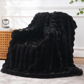 Faux Fur Throw Blanket Soft Plush Fluffy Blanket for Couch Sofa, Thickened Cozy Fuzzy Luxury Bubble Blanket for Bedroom Living Room Decor,Black,50" x 60",1100GSM