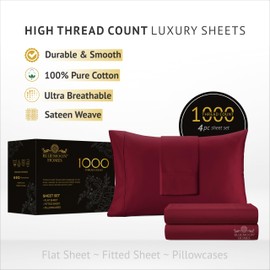 1000 Thread Count Egyptian Cotton Sheets King Size Set - 100% Cotton 4 Pc Bed Sheets - Luxury Hotel Cooling Sheets - Breathable Soft Smooth Sateen Weave - 18 Inch Deep Pocket - Burgundy King Sheets