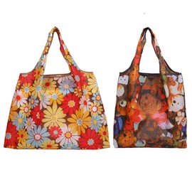 Vivelyst Two reusable shopping bags with foldable handles, 60-pound load-bearing capacity, washable, one large and one small. (Bright color)