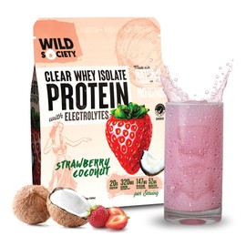 WILD SOCIETY - Premium Clear Protein Powder + Electrolytes - Refreshing Clear Whey Protein Isolate Drink - 20g Protein, 0 Added Sugar, GMO-Free, Natural Flavors & Colors - Strawberry Coconut, 16 oz