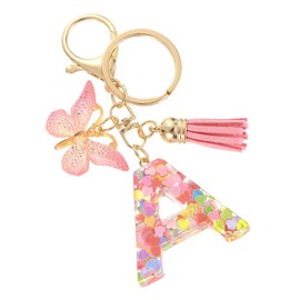 SUIKIHUM Initial Letter Keychains, (10.5cm/4.13" Mini Letter Butterfly KeyChain) Resin Tassel Pendant Car Keychain for Wallet Handbags Backpack, Pink (A)