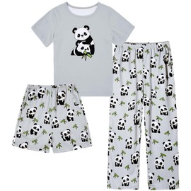 Kinberr Kids Pajamas Casual Soft Short&Long Pants Pajamas Set with T Shirt Novelty Grey Panda Printed Sleeepwear Outfis