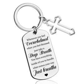 Inspirational Gifts for Women Men Encouragement Uplifting Positive Gifts for Stress Relief Motivational Just Breathe Keychain for Friends Coworkers Boss Religious Cross Keyring for Birthday Graduation