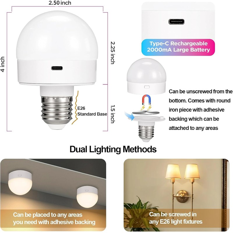 Rechargeable Battery Operated Light Bulb with Remote Control 4 Packs,