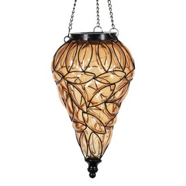 Naboher Outdoor Garden Solar Lights, Tear-Shaped Glass and Metal Hanging Lantern, 15 Firefly LED Lights, 7 x 24 Inch,(Amber)