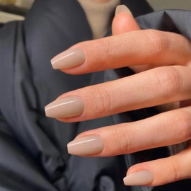 Beige Short Coffin Press on Nails Medium Coffin Nails Press ons, Glue on Nails Short Fake Nails for Women, Ballerina T Shape Acrylic False Nails Medium Square Natural Handmade Gel Nails