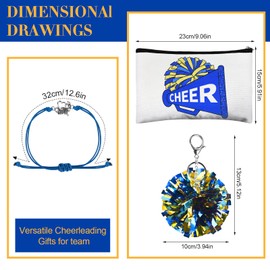 ElasignShopo 36 Pcs Cheerleading Gifts Set 12 Cheerleader Makeup Bag 12 Pompom Ball Key Chains 12 Adjustable Cheer Bracelets, Blue Cheer Accessories Stuff for Women Teammate Team Coach Gift