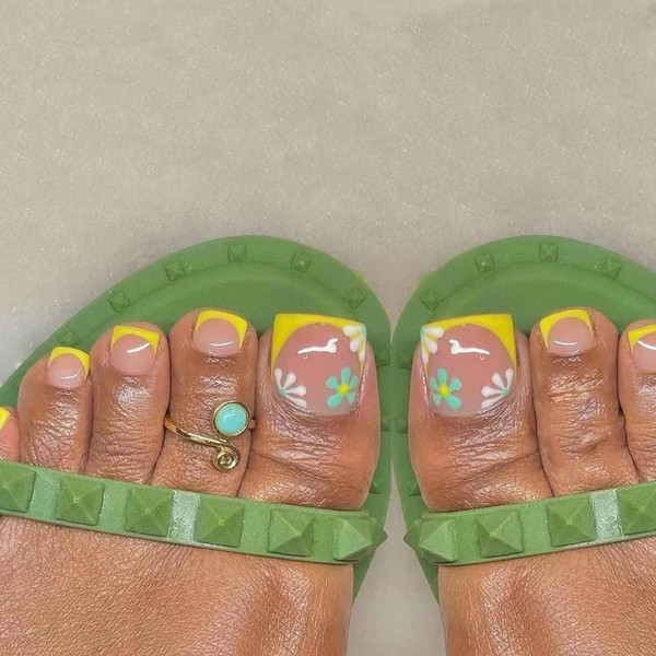 RUNRAYAY Yellow French Tip Press On Toenail with Flower Design,