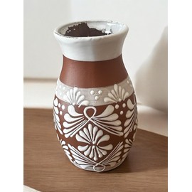 Clay Terracotta Vase - 10” High, 4.5” Mouth, 6” Wide Midsection, White Ceramic Detail, Handcrafted in Mexico