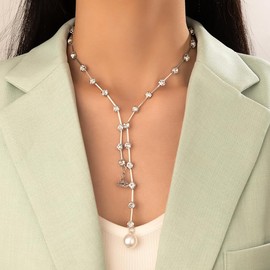 Delicate Crystal Chains Simulate Pearl Necklaces CZ Chains for Women Birthday Wedding Jewelry (A)