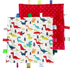 FOMAISELF 1 PC Big Size Red Dinosaur Baby Tag Blanket, Cute Label Blanket, Small Tags Security Blanket for Kids Toddlers Gift(12x12inch)