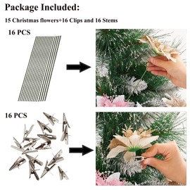 15 Pcs Glitter Poinsettia Artificial Christmas Flowers, Ornaments and Decor with Stems and Clips, 5.5 Inch