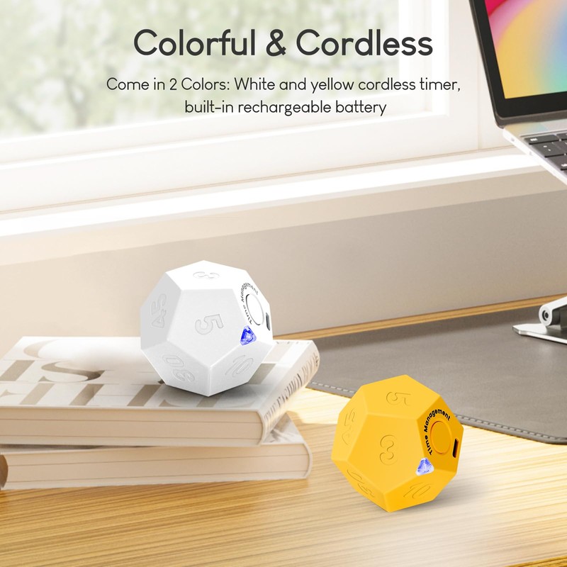 Yellow Pomodoro Timer - 11 Preset Productivity Cube, Ring/Vibrate Mode,