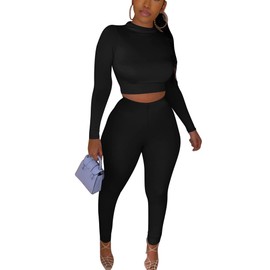 Kaximil Women's Workout Tracksuit 2 Piece Outfits Long Sleeve Crop Top High Waist Legging Pants Set, Large, Black