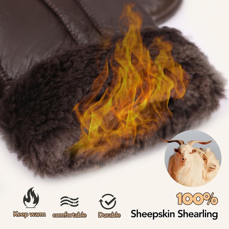 MGGMOKAY Women Leather Mittens Shearling Sheepskin Fur Lined Winter Mitten