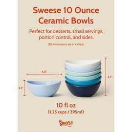 Sweese Porcelain Bowls Set - 5 Inch, 10 oz, Assorted Colors for Desserts, Soup, Rice, 6 Pack, Microwave Dishwasher Safe