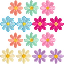 CustomyLife 14 Pcs Flower Iron on Patches, 1.57inch Daisy Embroidered Appliques, Sew On Patch Cute for Jeans, Jackets, Clothes, Hats