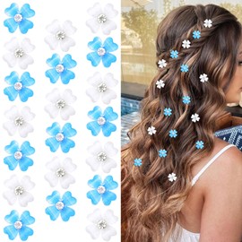 Wecoe 20 Pcs Small Blue White Flower Hair Clips Girls Tiny Mini Clips for Hair Cute Decorative Hair Clips Bling Hair Clips Kids Baby Toddler Girls Wedding Hair Accessories for Women Girls Gift