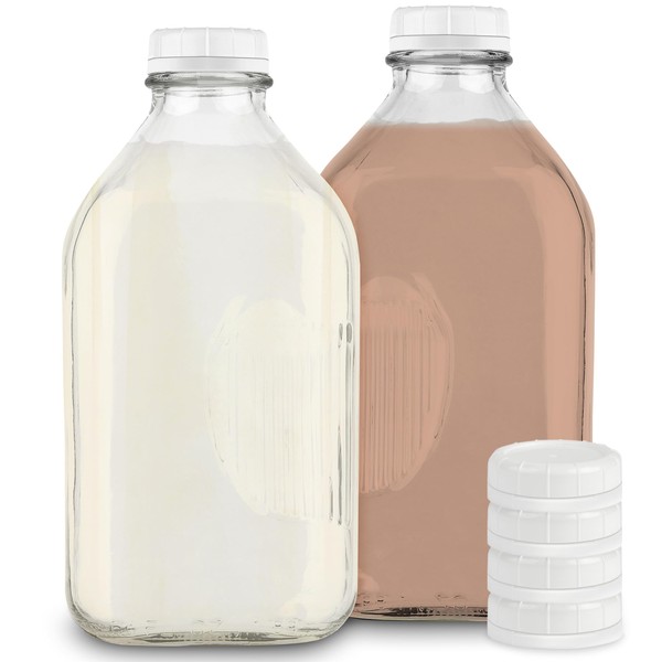 Stock Your Home Liter Glass Milk Bottles (2 Pack) - 32-Oz Milk Jars with Lids - Food Grade Glass Bottles - Dishwasher Safe - Bottles for Milk, Buttermilk, Honey, Maple Syrup, Jam, BBQ Sauce