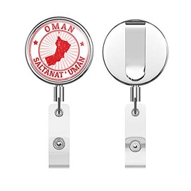 Oman Map Grunge Stamp Flag Blot Round ID Badge Key Card Tag Holder Badge Retractable Reel Badge Holder with Belt Clip