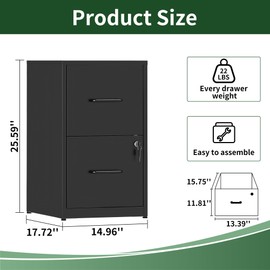 VIYET 2 Drawer File Cabinet with Lock, Vertical Filing Cabinet for Home Office, Heavy Duty Storage Cabinet for Letter Size, Assembly Required(Black)