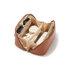 SKYFUN (LABEL) Pu Leather Mini Cosmetic Organizer Storage Zipper Pouch Bag Kit Case Bathroom Makeup Box, Brown, L, Travel Accessories