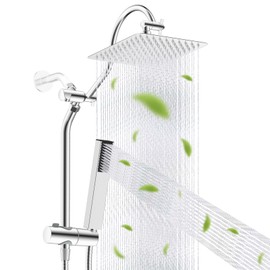 Hibbent All Metal High Pressure 10'' Rainfall Shower Head, Showerhead Combo with 4-mode Handheld Spray, 12'' Adjustable Extension Arm, Extension Bar, Easy Reach Holder, 71'' Hose, Chrome