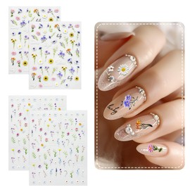 allydrew 5D Embossed Colorful Flowers Nail Art Decal Stickers, Self Adhesive 3D Floral Design (Set of 4), Summer Floral