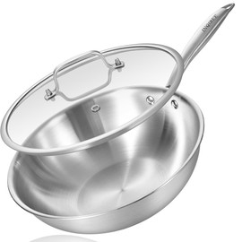 Inqibee 11 Inch Stainless Steel Wok Pan with Lid, Tri-ply Stainless Steel Frying Pan, Stir-Fry Pans & PFOA-Free Woks, Induction Compatible, PFOA Free, Dishwasher & Oven Safe