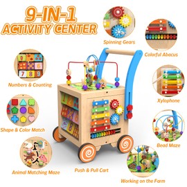 Wooden Baby Walker | 9-in-1 Wooden Activity Cube, Sit-to-Stand Learning Walker Activity Center, Early Educational Push & Pull Toys for Baby Toddler Boys Girls, Height & Brake Adjustable
