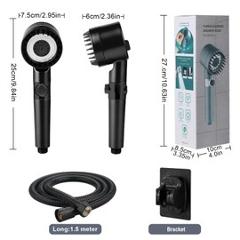 Shower Head with Hose and Holder, Shower Head Water-Saving, Shower Head with 1.5 m Hose, Black Shower Head and Holder, No Drilling, 3 Jet Types, Hand Shower, High Pressure Rain Shower
