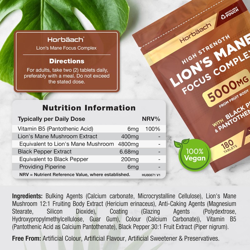 Lions Mane Supplement 5000mg | with Black Pepper & Pantothenic