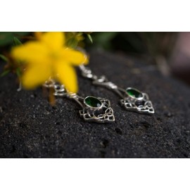 WINDALF Bohemian Medieval Earrings Daná 4.4 cm Mediaval Elf Jewellery Emerald Green Crystal Celtic Jewellery 925 Sterling Silver, Fabric, Cubic Zirconia