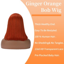Ginger Bob Lace Front Wigs Human Hair 13x6 HD Lace Front Wigs 200% Density Ginger Orange Bob Lace Front Human Hair Wigs Pre Plucked Hairline With Baby Hair 14inch