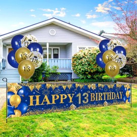 RUMIA 13th Birthday Decor for Kids Boys Girls Blue and Gold, Navy Gold Yard Banner 18PCS Happy Balloons Anniversary Party Supplies Outdoor (23-1)