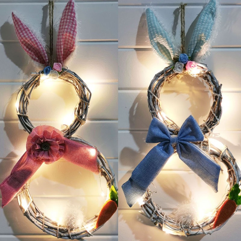 Easter Decoration Wreath with Light Handmade Rattan Easter Rabbit Wreath