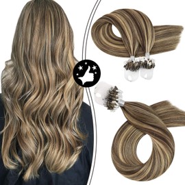 Moresoo Micro Loop Hair Extensions Human Hair 16 Inch Microlinks Hair Extensions Color #4 Chocolate Brown Mixed with #27 Caramel Blonde Micro Rings 100% Remy Human Hair Extensions 50g 50s
