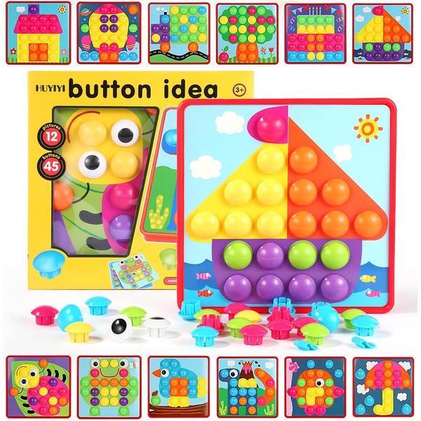 Game Buttons for Kids Learning Mosaic Nails Toy 3D Puzzle Button Art Picture Early Mushroom Educational Pegboard Nails for Boys and Girls Toddlers Christmas Party Gifts