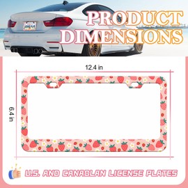 HCSS 2PCS Cute Strawberry License Plate Frame, Pink Aluminum Metal License Plate Holder Covers, Strawberry Car Accessory, Rust-Proof Waterproof Car Decorative Tag Frames for Standard US 12x6 Inch