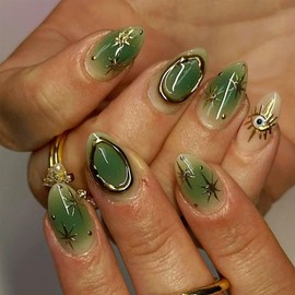 Short Press on Nail Almond Green Fake Nails with Gold Star Design Glue on Nails Evil Eye Acrylic Nails Gradient Green Full Cover Reusable Stick on Nails for Women Girls DIY Manicure Decoration 24Pcs
