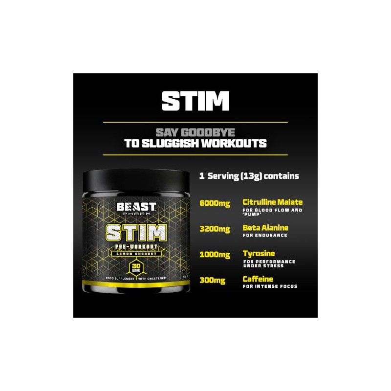 Beast Stim Pre Workout Powder 300mg Caffeine, Beta Alanine -