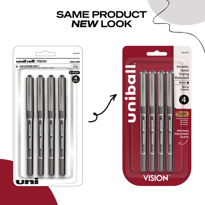 uniball Vision Rollerball Pens, Micro Point (0.5mm), Black, 4 Pack