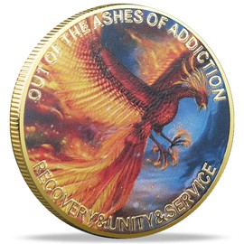Out of The Ashes of Addiction Phoenix Rising from Flames Sobriety Chip AA Medallion Recovery Coin