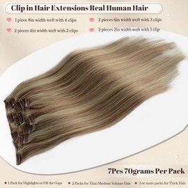 Clip in Hair Extensions Remy Human Hair 20 Inch Golden Brown Mix Bleach Blonde Balayage Real Human Hair Extensions Clip ins 70G 7PCS Blonde Highlights Clip in Extensions for Fuller and Thicker Look