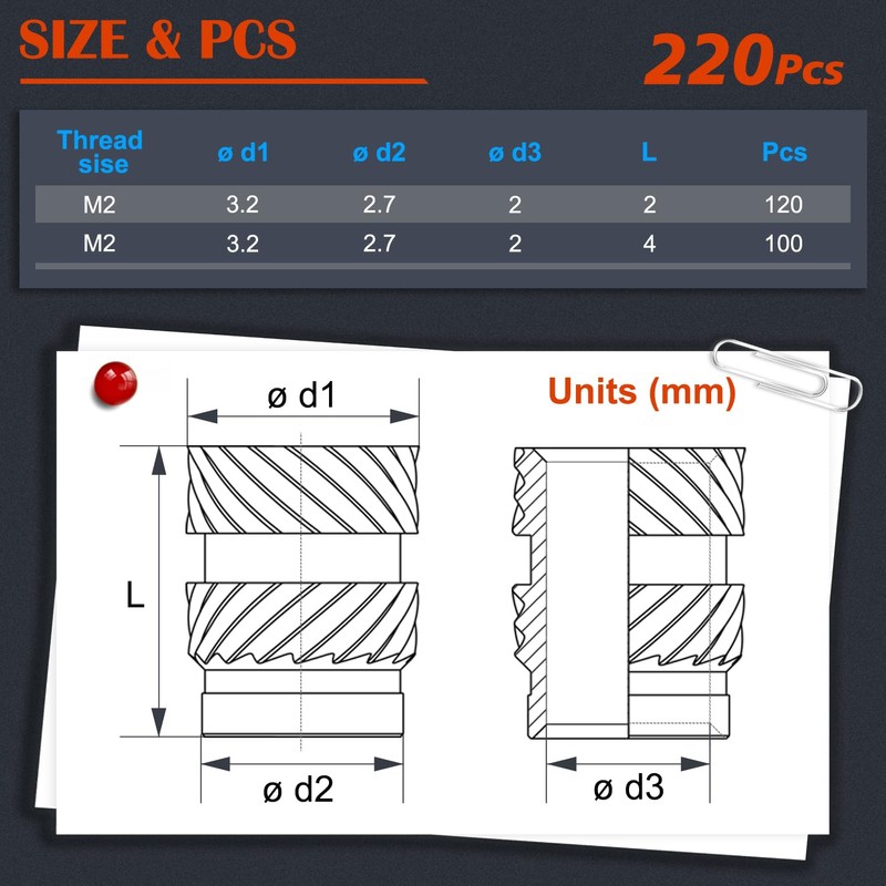 220Pcs M2 Threaded Inserts, M2 Female Thread Metric Knurled Nuts