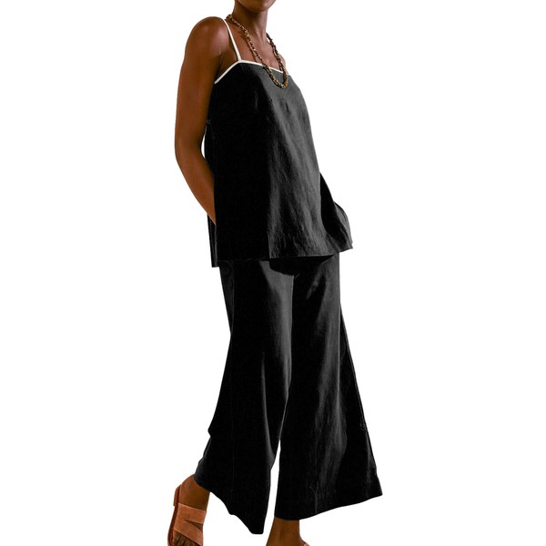 codcm Womens 2 Piece Outfits Cotton Linen Set Spaghetti Strap