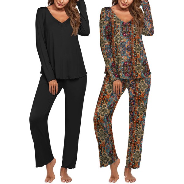Ekouaer Womens 2 Pack Pajama Set Long Sleeve Pajamas Top