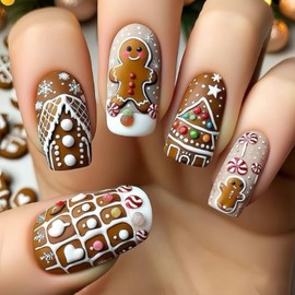 24 Pcs Christmas Press on Nails Short Square Fake Nails Xmas Gingerbread Man Candy Snowflake Embossed Design Winter False Nails Full Cover Acrylic Nails Christmas Stick on Nails for Women DIY Nail Art